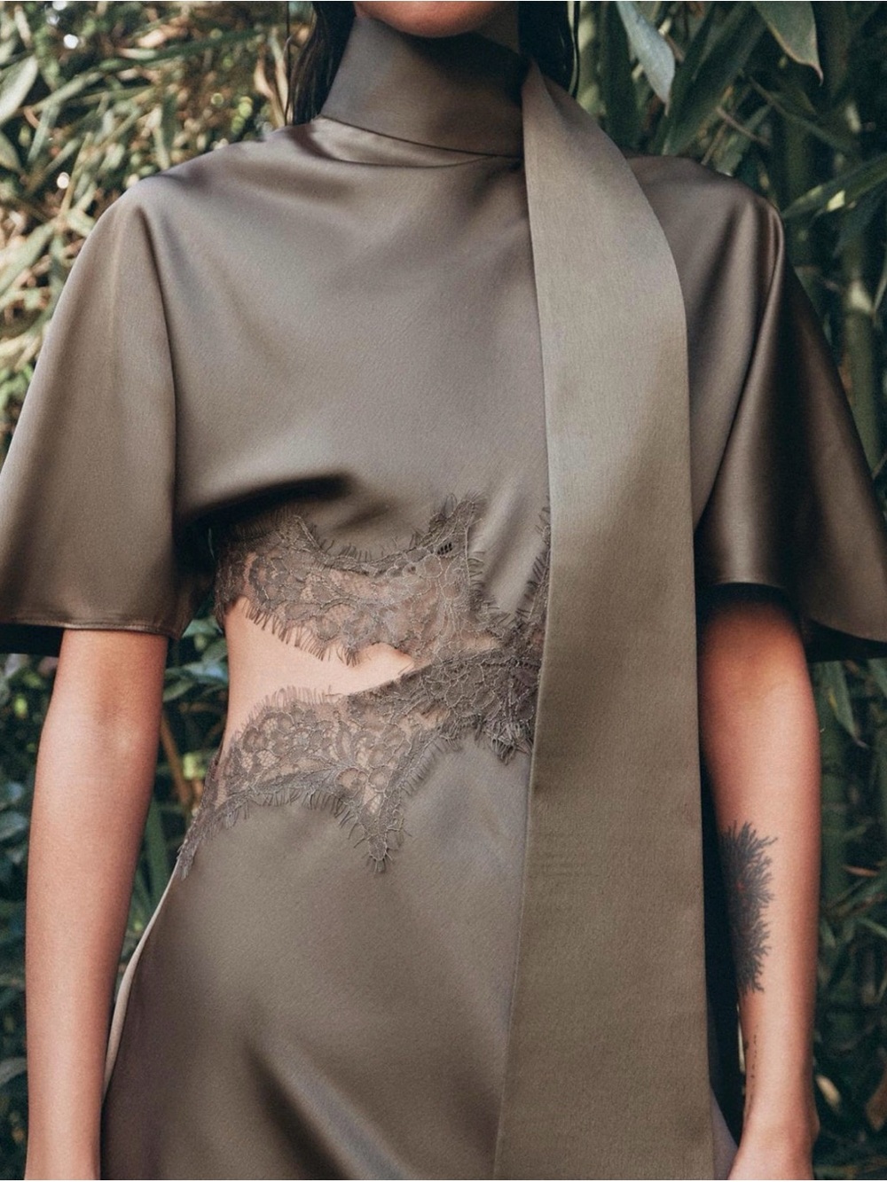 Zara Olive Satin Asymmetrical Cutout Dress with Lace